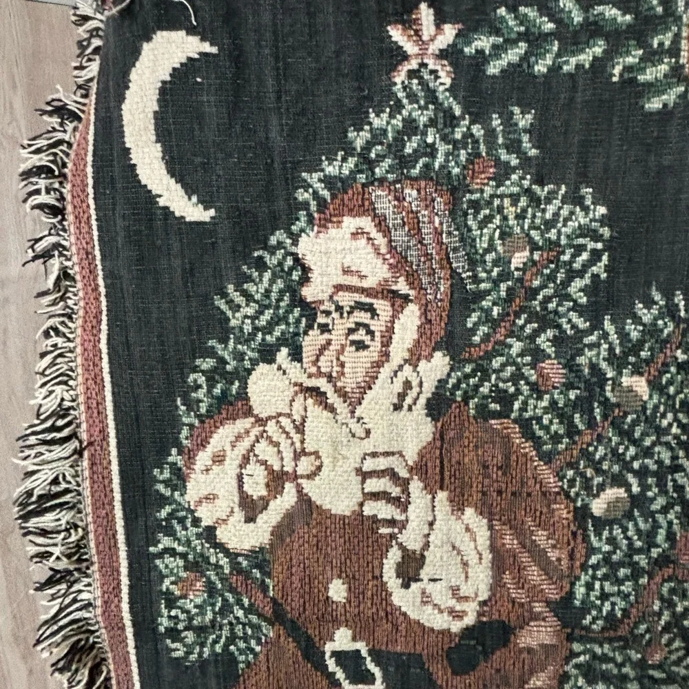 Festive Vintage Santa Woven Tapestry Throw Blanket in Brown and Green